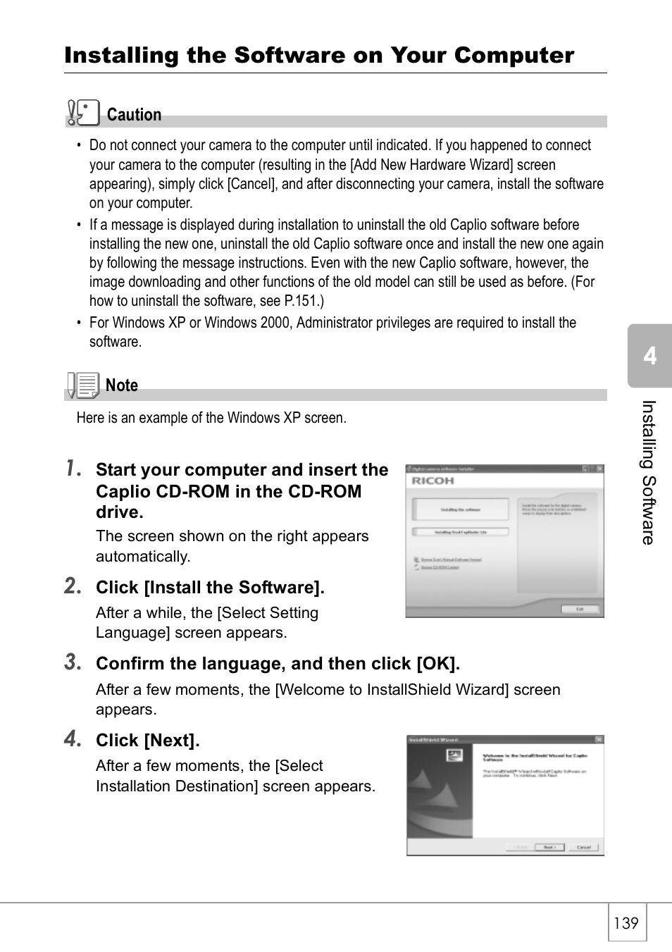 Installing the software on your computer | Ricoh CAPLIO R30 User Manual | Page 141 / 184