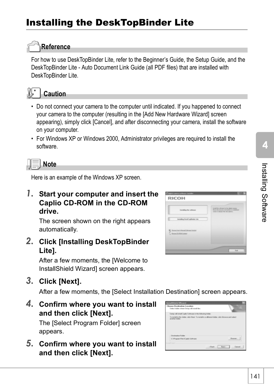 Installing the desktopbinder lite | Ricoh CAPLIO R30 User Manual | Page 143 / 184