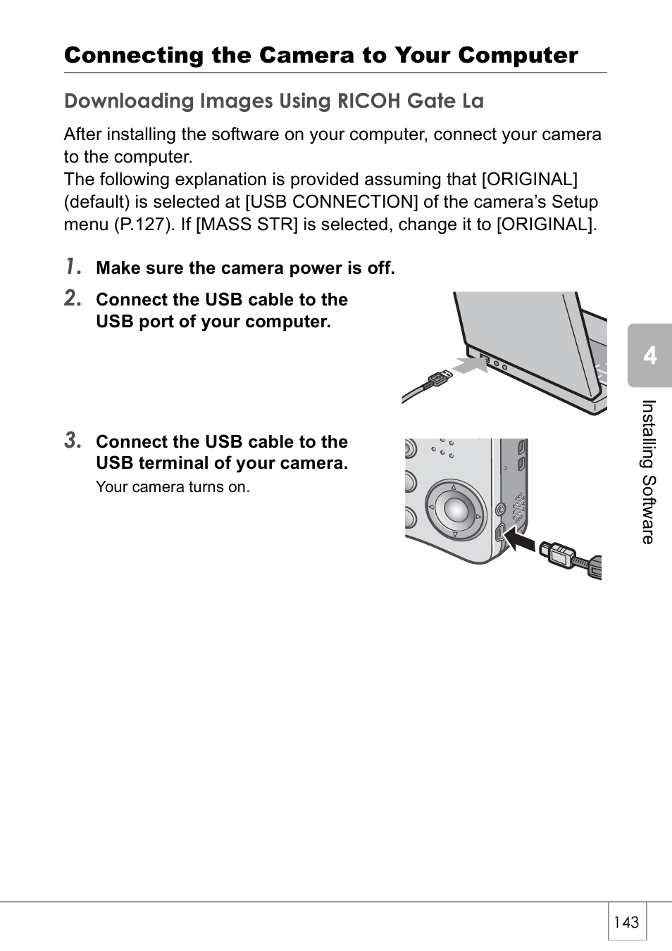 Connecting the camera to your computer | Ricoh CAPLIO R30 User Manual | Page 145 / 184