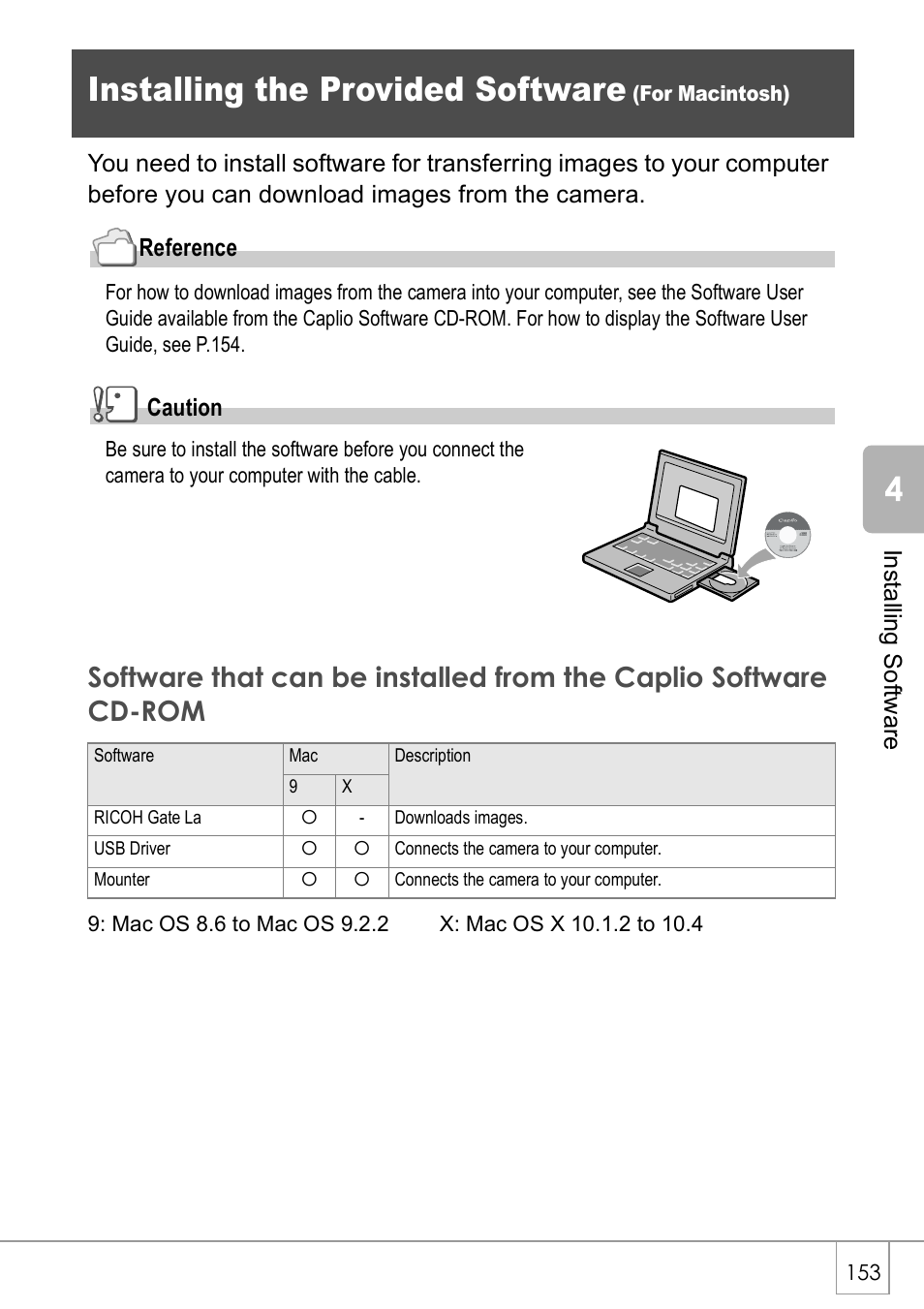 Installing the provided software, Caution | Ricoh CAPLIO R30 User Manual | Page 155 / 184