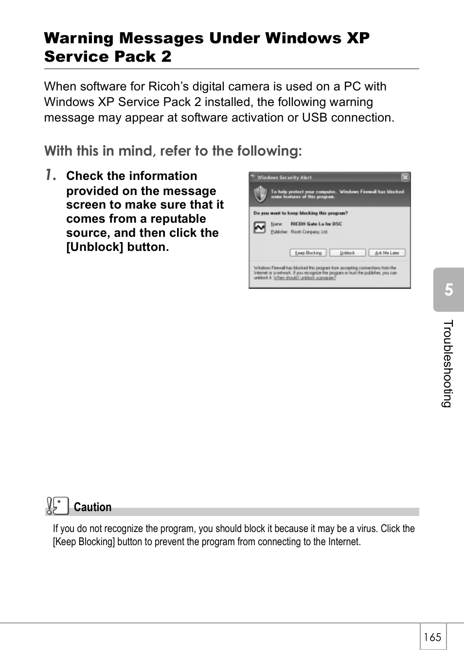 Warning messages under windows xp service pack 2 | Ricoh CAPLIO R30 User Manual | Page 167 / 184