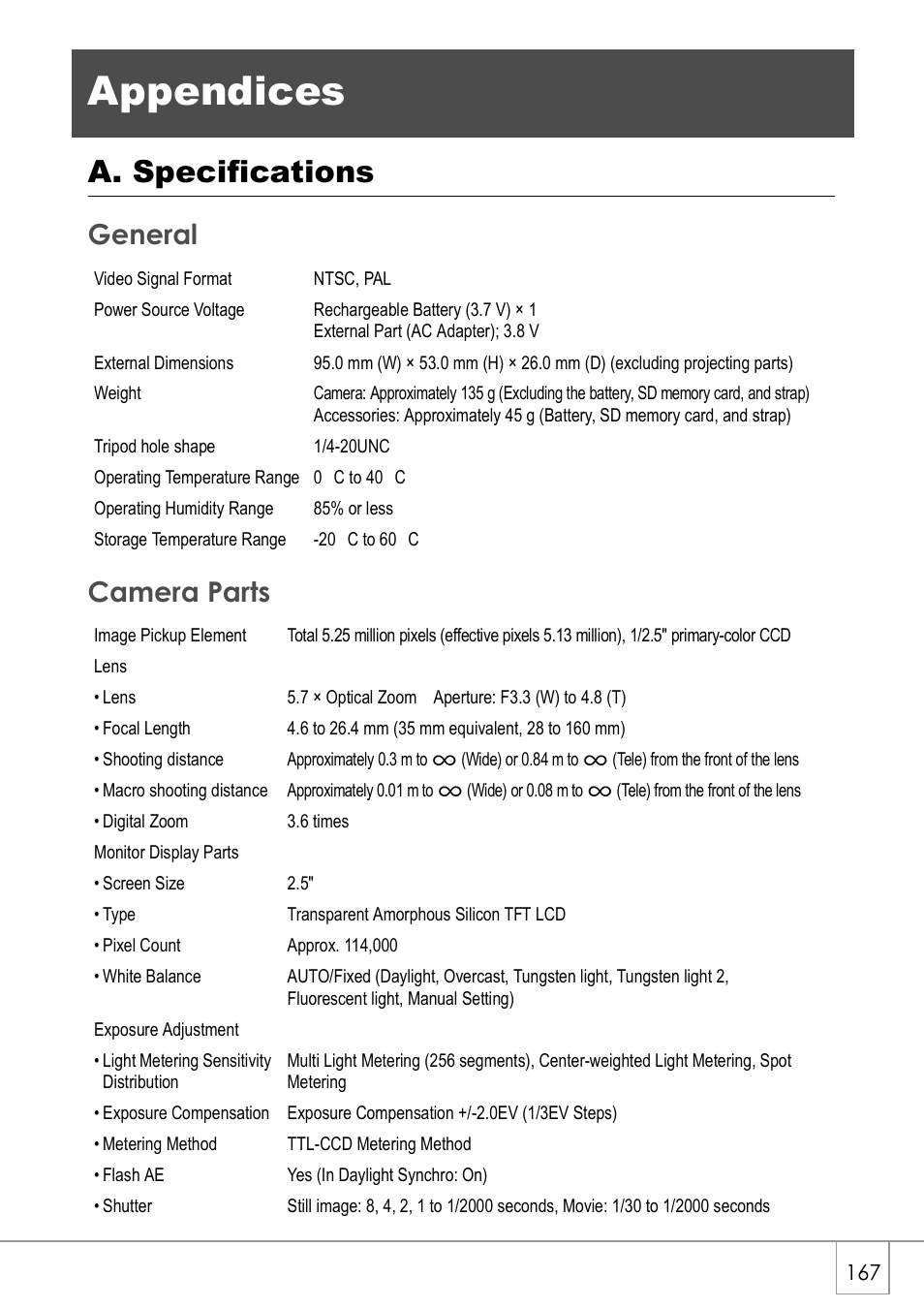 Appendices, A. specifications, General camera parts | Ricoh CAPLIO R30 User Manual | Page 169 / 184