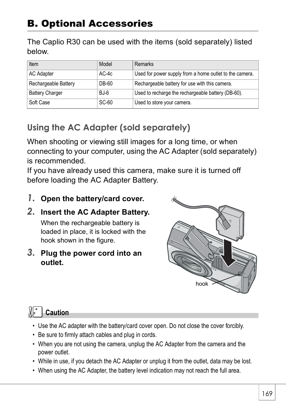 B. optional accessories, Using the ac adapter (sold separately) | Ricoh CAPLIO R30 User Manual | Page 171 / 184