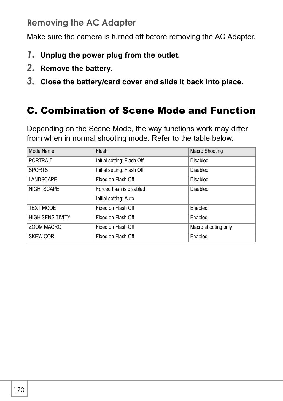 C. combination of scene mode and function, Removing the ac adapter, Unplug the power plug from the outlet | Remove the battery | Ricoh CAPLIO R30 User Manual | Page 172 / 184