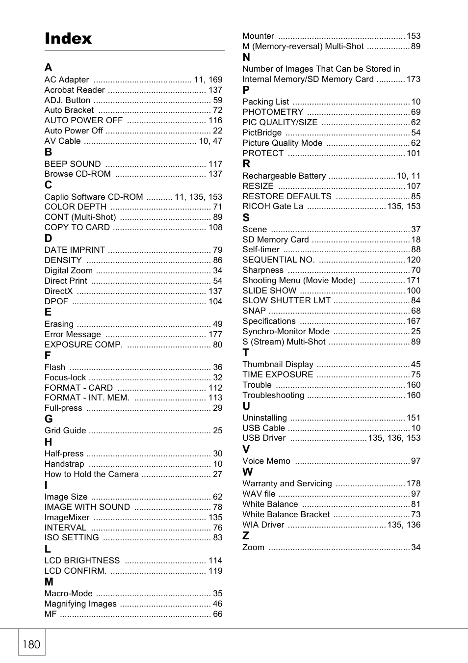 Index | Ricoh CAPLIO R30 User Manual | Page 182 / 184