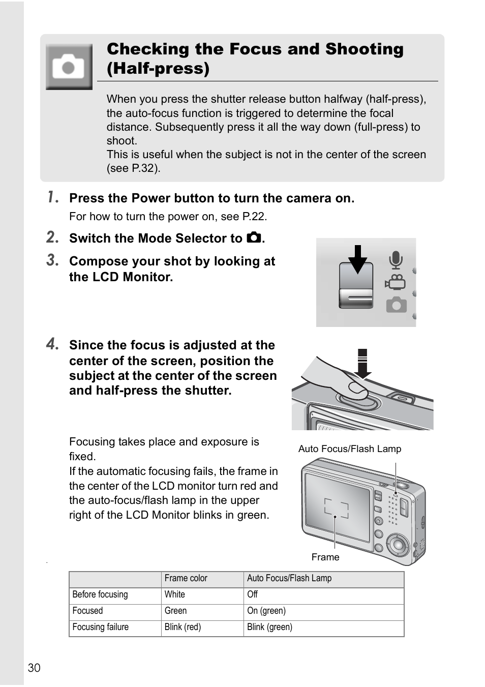 Checking the focus and shooting (half-press) | Ricoh CAPLIO R30 User Manual | Page 32 / 184