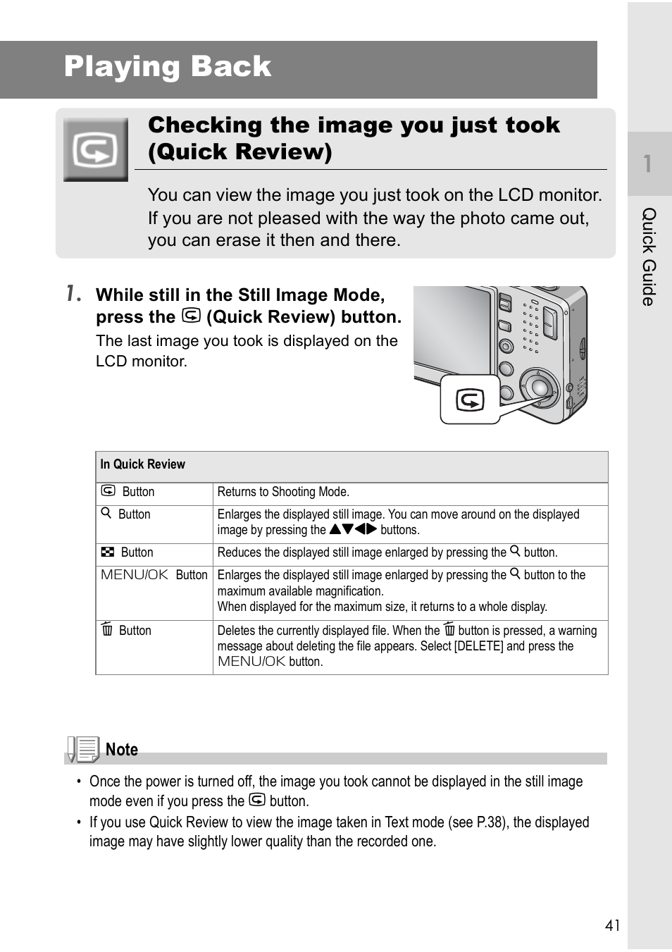 Playing back, Checking the image you just took (quick review) | Ricoh CAPLIO R30 User Manual | Page 43 / 184