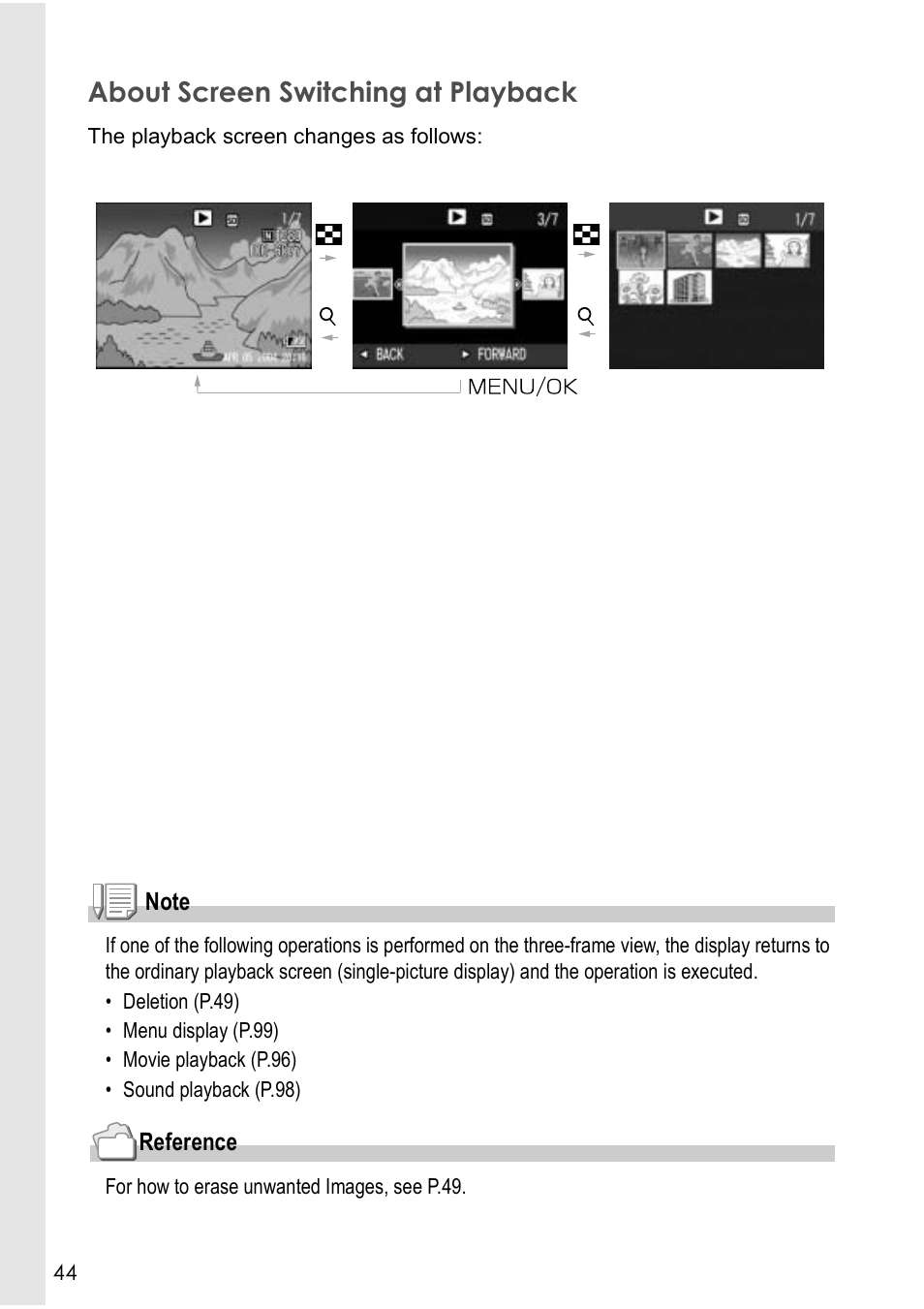 About screen switching at playback | Ricoh CAPLIO R30 User Manual | Page 46 / 184