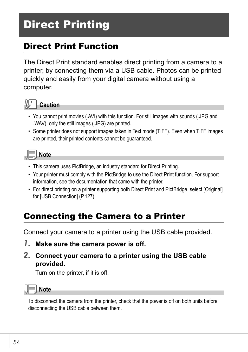 Direct printing, Direct print function, Connecting the camera to a printer | Ricoh CAPLIO R30 User Manual | Page 56 / 184
