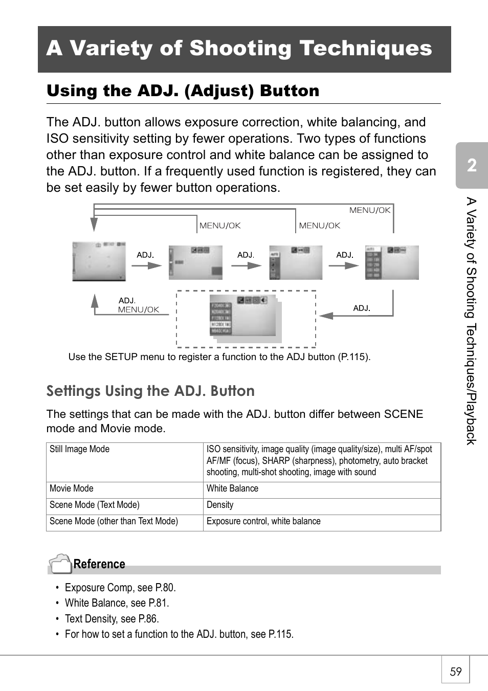 A variety of shooting techniques, Using the adj. (adjust) button, Settings using the adj. button | Ricoh CAPLIO R30 User Manual | Page 61 / 184