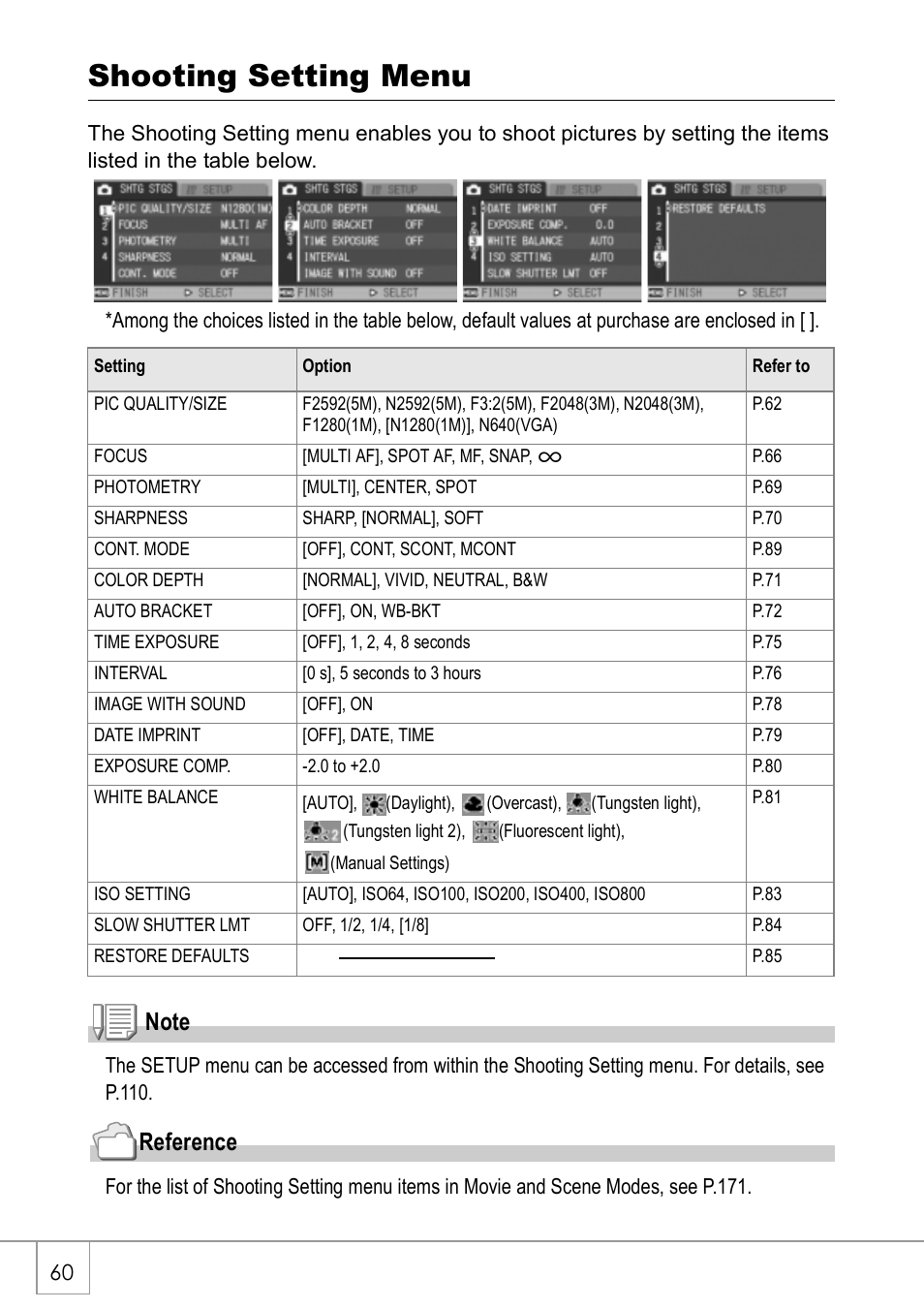 Shooting setting menu, Reference | Ricoh CAPLIO R30 User Manual | Page 62 / 184