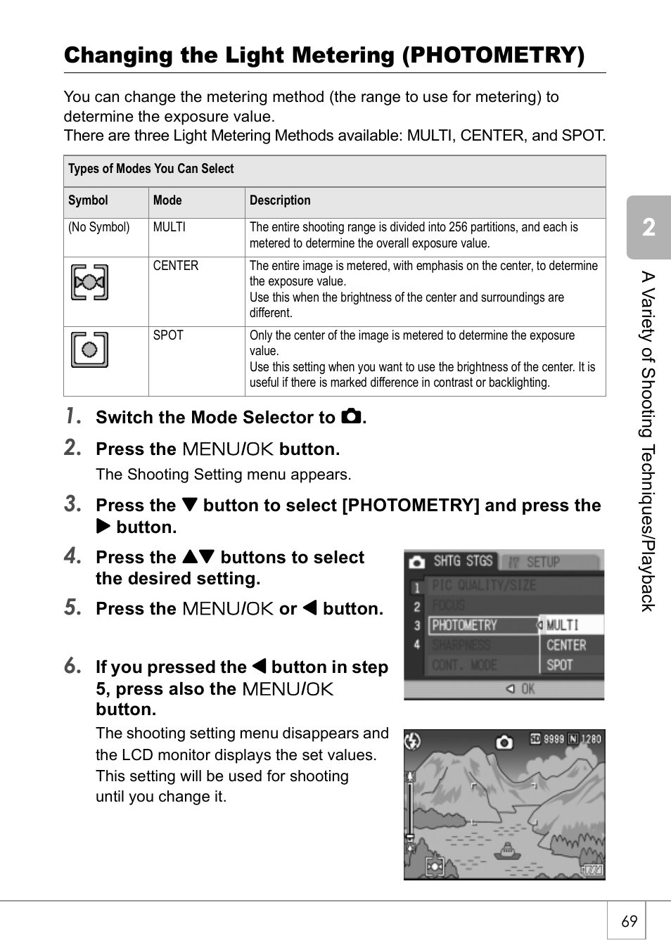 Changing the light metering (photometry) | Ricoh CAPLIO R30 User Manual | Page 71 / 184