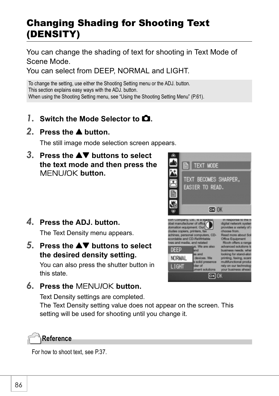 Changing shading for shooting text (density) | Ricoh CAPLIO R30 User Manual | Page 88 / 184