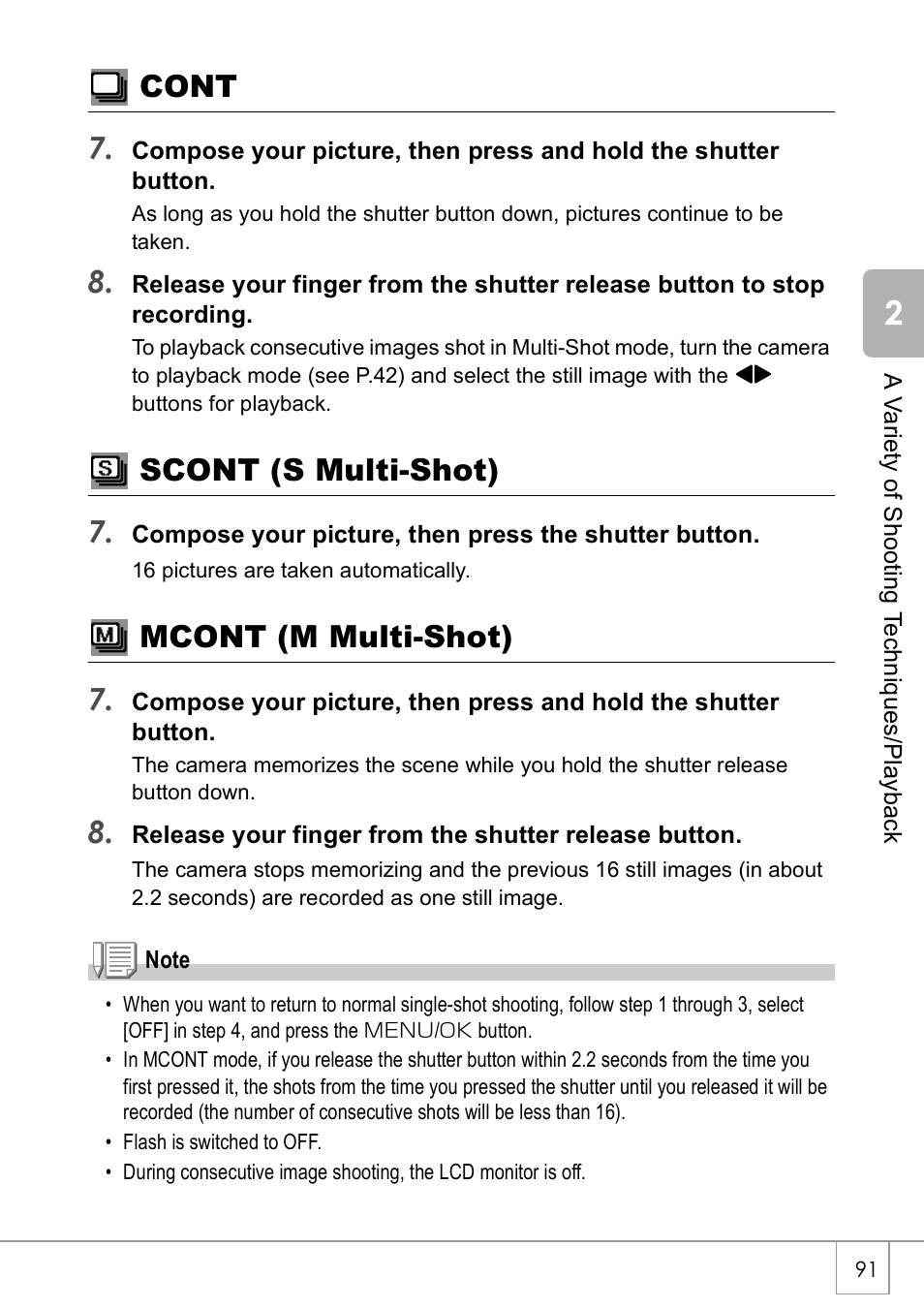 Cont 7, Scont (s multi-shot) 7, Mcont (m multi-shot) 7 | Ricoh CAPLIO R30 User Manual | Page 93 / 184