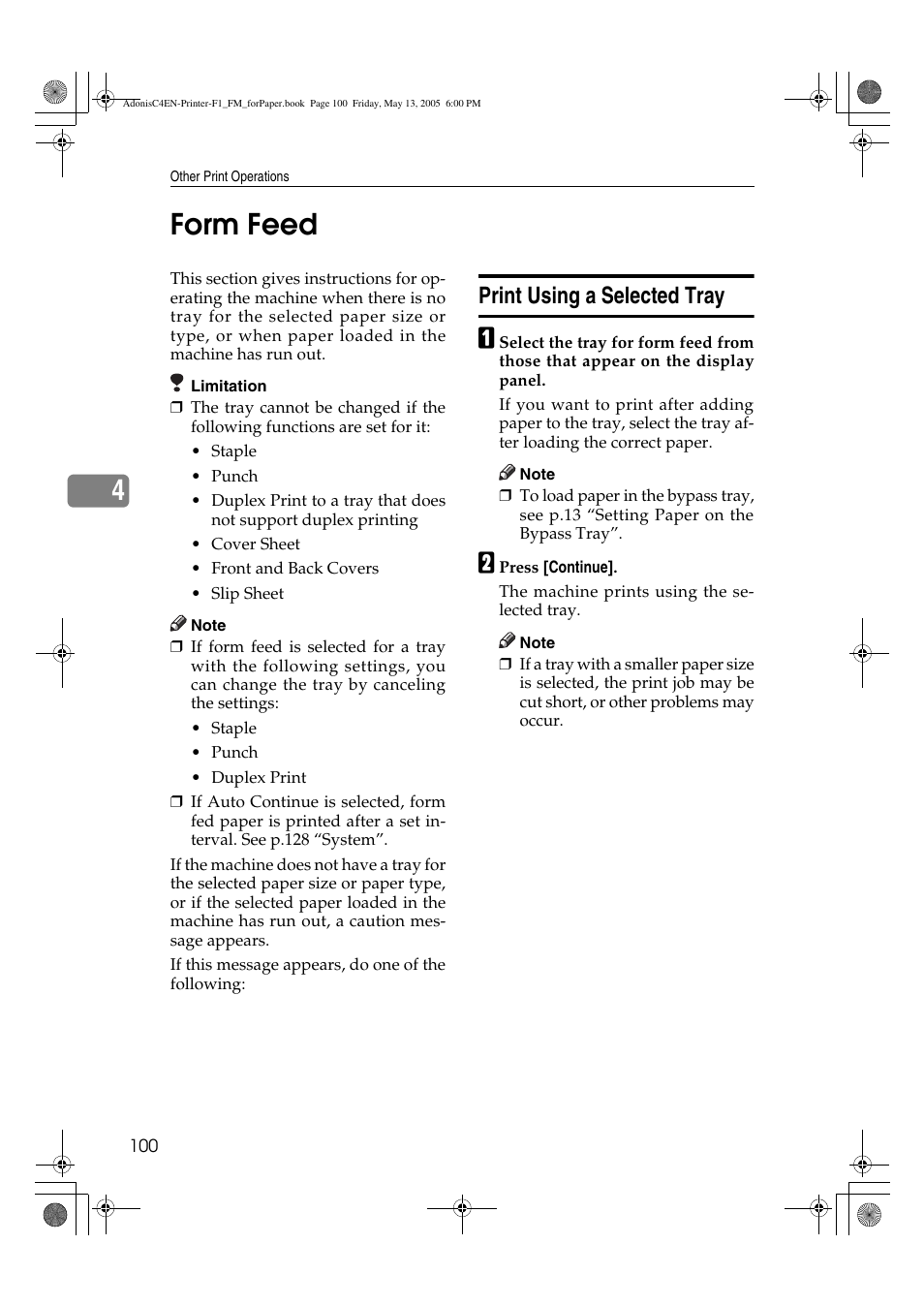 4form feed, Print using a selected tray | Ricoh 3045 User Manual | Page 106 / 176
