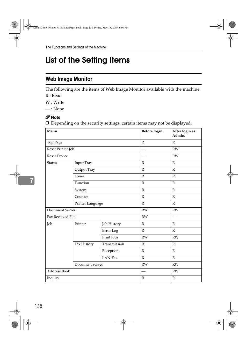 7list of the setting items, Web image monitor | Ricoh 3045 User Manual | Page 144 / 176