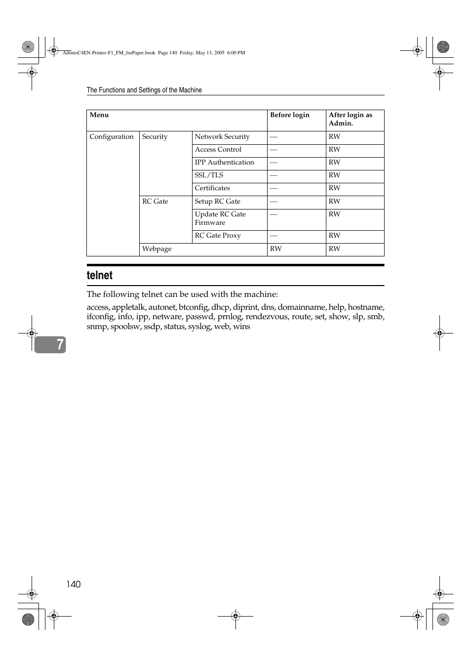 Telnet | Ricoh 3045 User Manual | Page 146 / 176