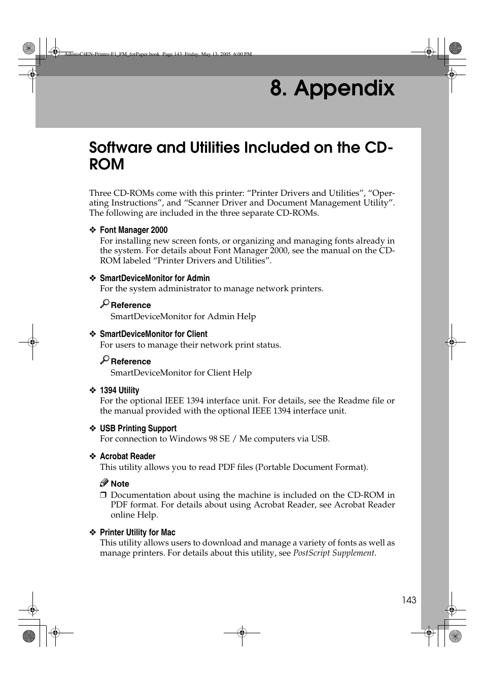 Appendix, Software and utilities included on the cd- rom | Ricoh 3045 User Manual | Page 149 / 176
