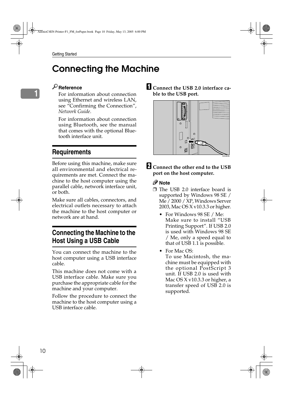 1connecting the machine, Requirements | Ricoh 3045 User Manual | Page 16 / 176