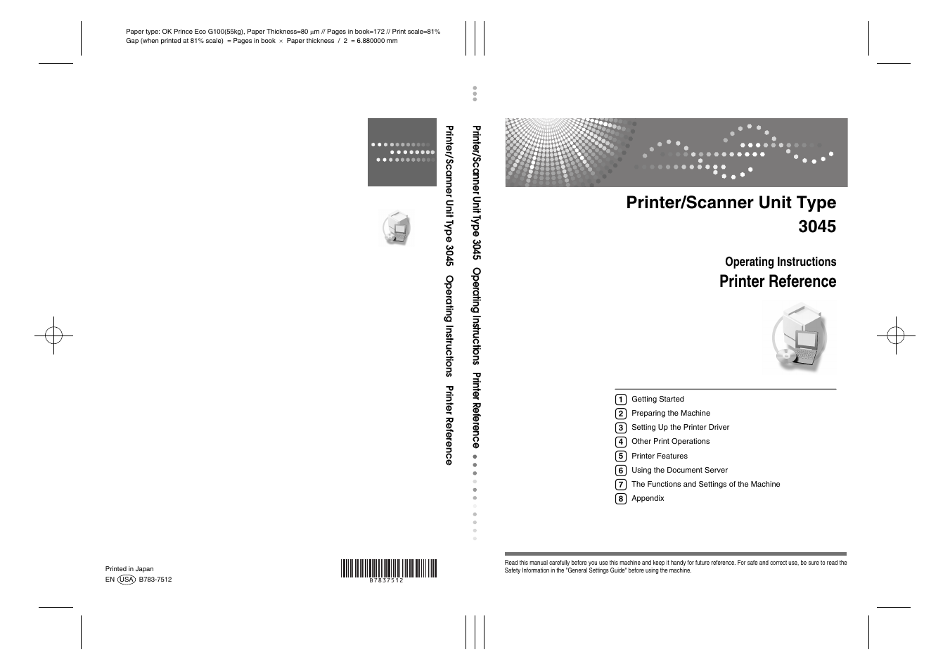 Printer/scanner unit type 3045, Printer reference, Operating instructions | Ricoh 3045 User Manual | Page 176 / 176