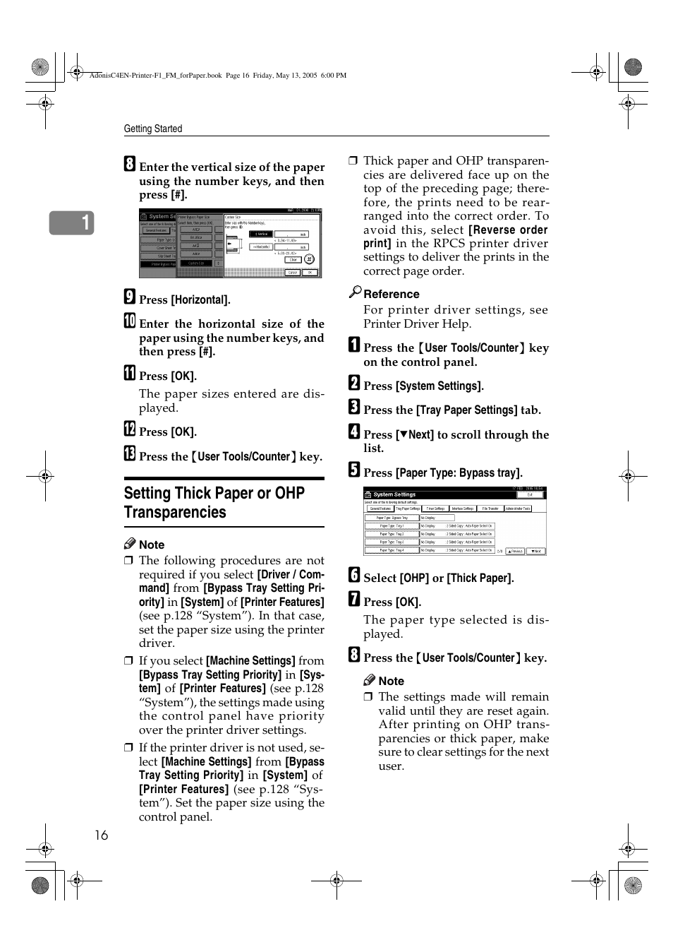 Setting thick paper or ohp transparencies | Ricoh 3045 User Manual | Page 22 / 176