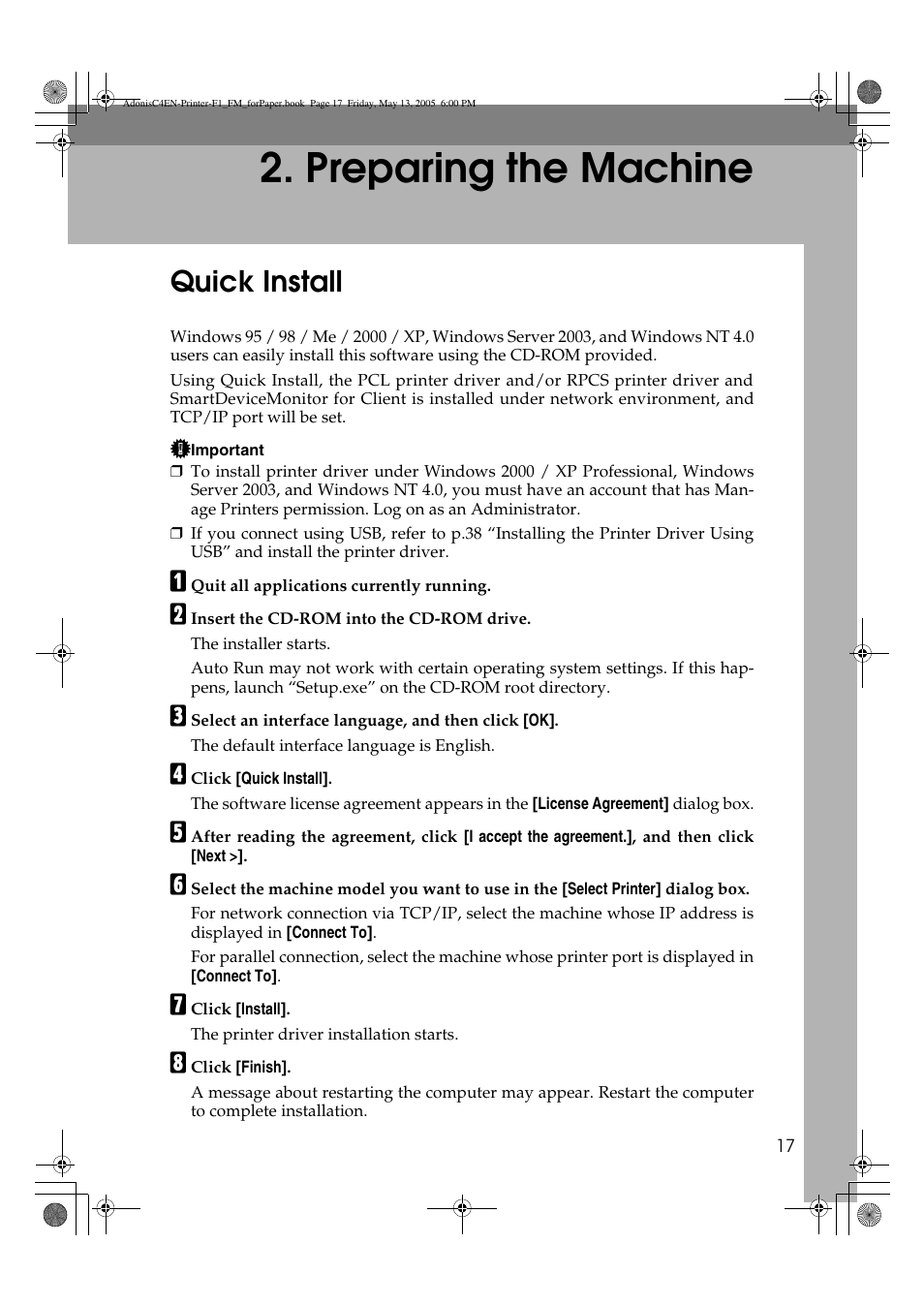 Preparing the machine, Quick install | Ricoh 3045 User Manual | Page 23 / 176