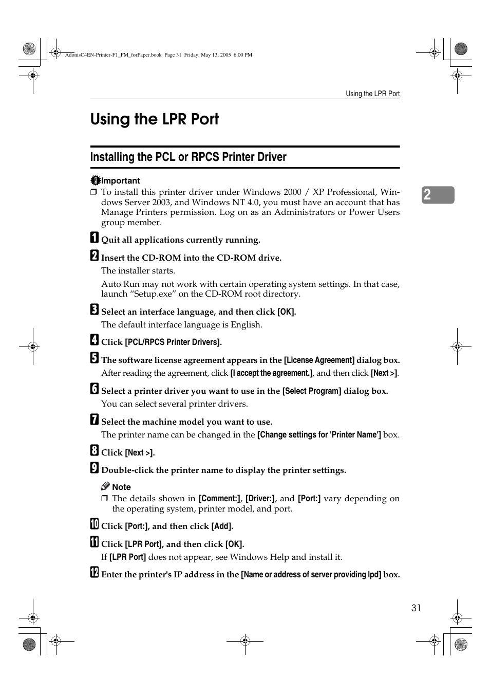 2using the lpr port | Ricoh 3045 User Manual | Page 37 / 176