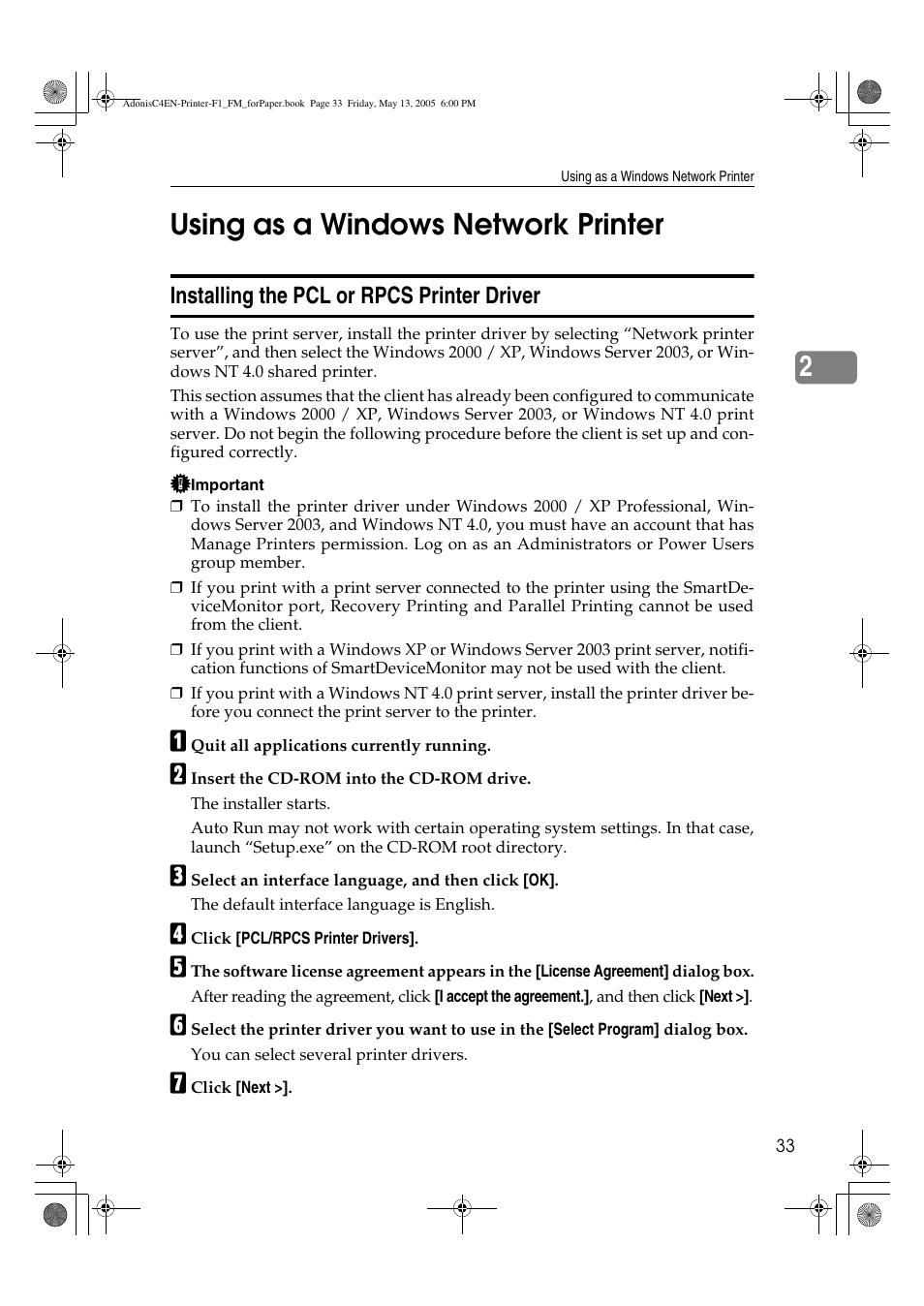2using as a windows network printer | Ricoh 3045 User Manual | Page 39 / 176
