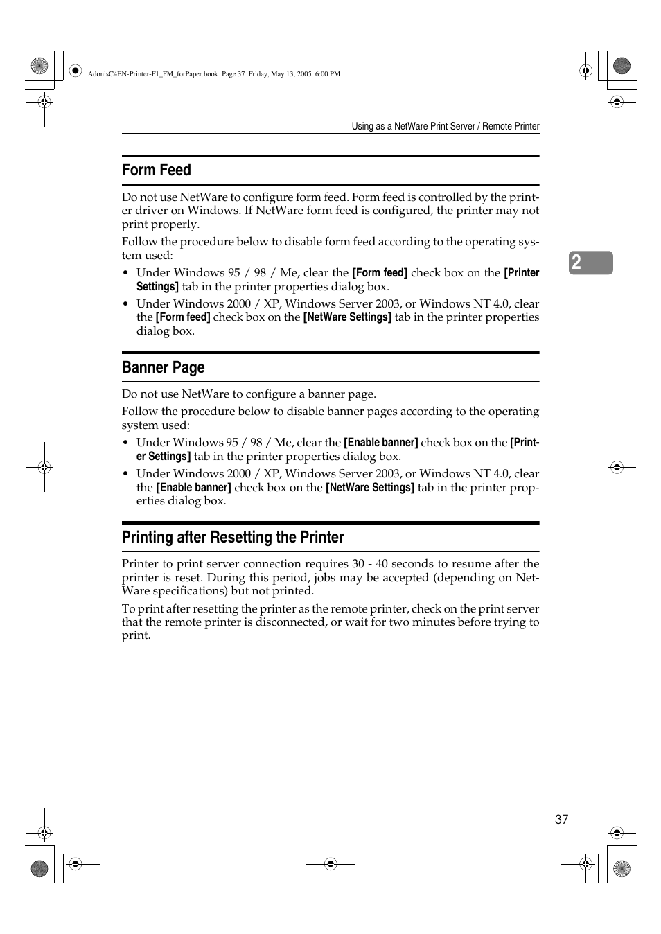 Form feed, Banner page, Printing after resetting the printer | Ricoh 3045 User Manual | Page 43 / 176