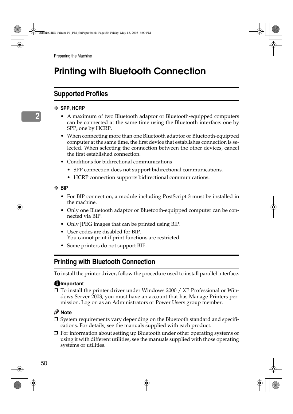 2printing with bluetooth connection, Supported profiles, Printing with bluetooth connection | Ricoh 3045 User Manual | Page 56 / 176
