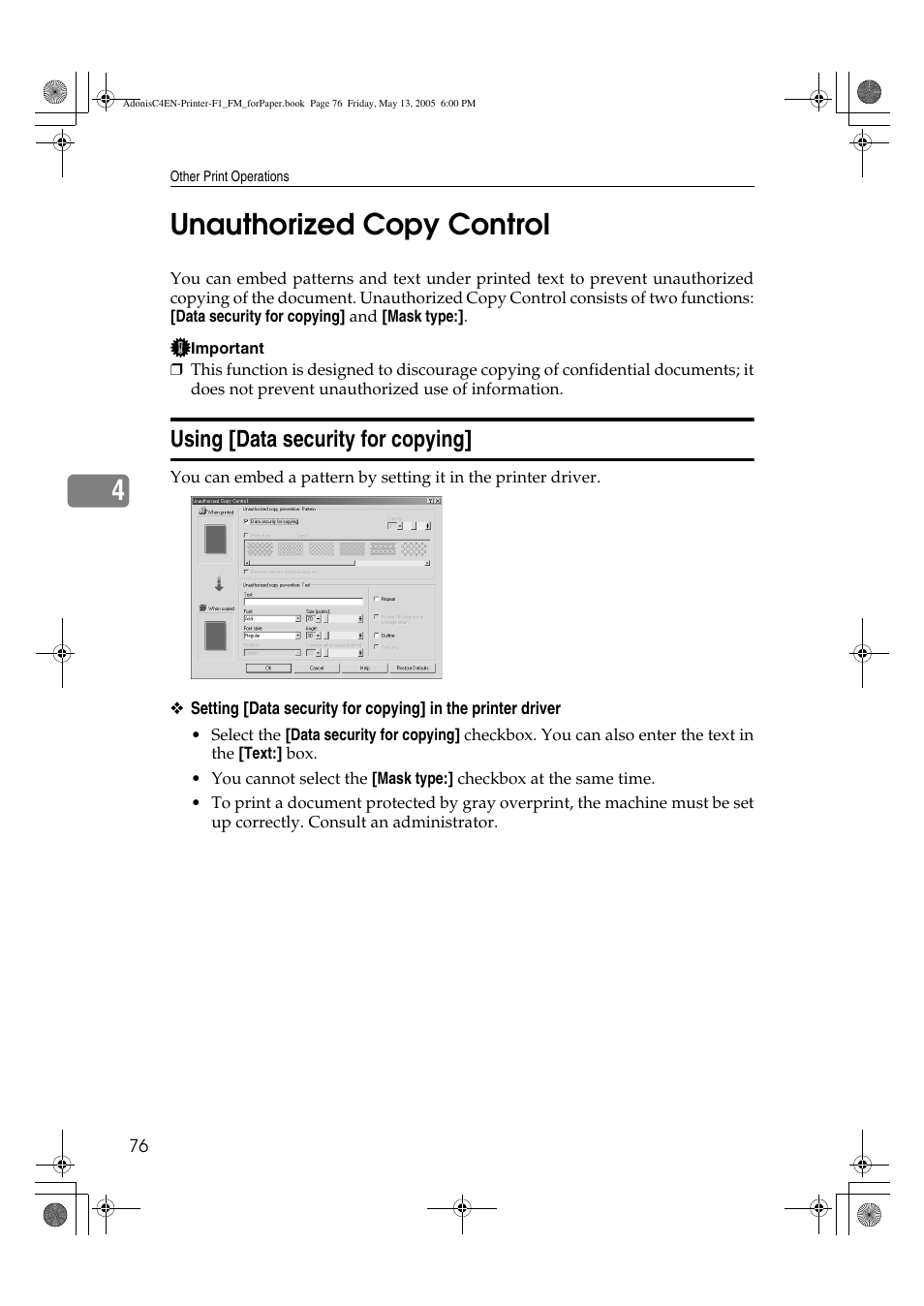 4unauthorized copy control, Using [data security for copying | Ricoh 3045 User Manual | Page 82 / 176