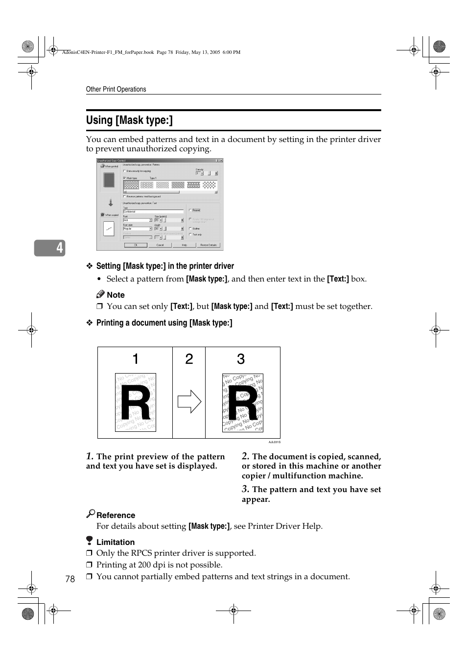 Using [mask type, The pattern and text you have set appear, Reference | Limitation | Ricoh 3045 User Manual | Page 84 / 176
