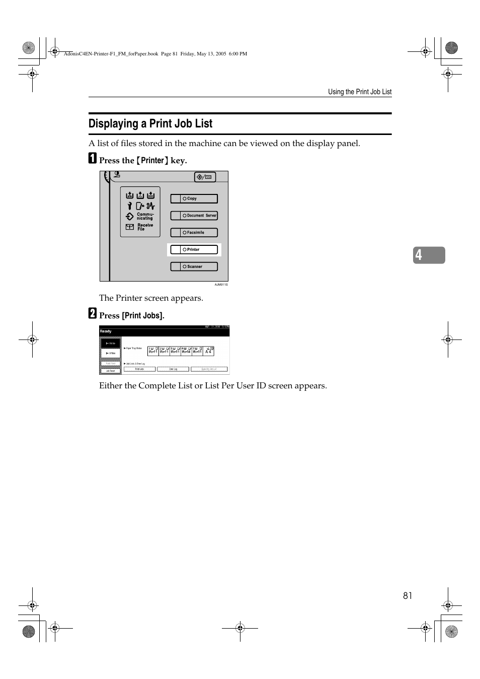 Displaying a print job list | Ricoh 3045 User Manual | Page 87 / 176
