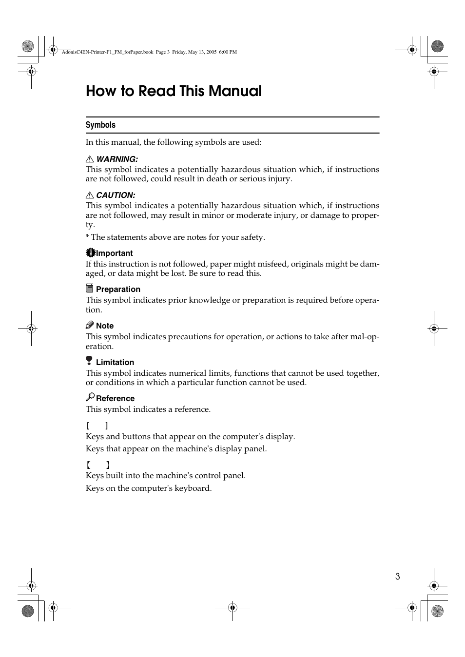 How to read this manual | Ricoh 3045 User Manual | Page 9 / 176