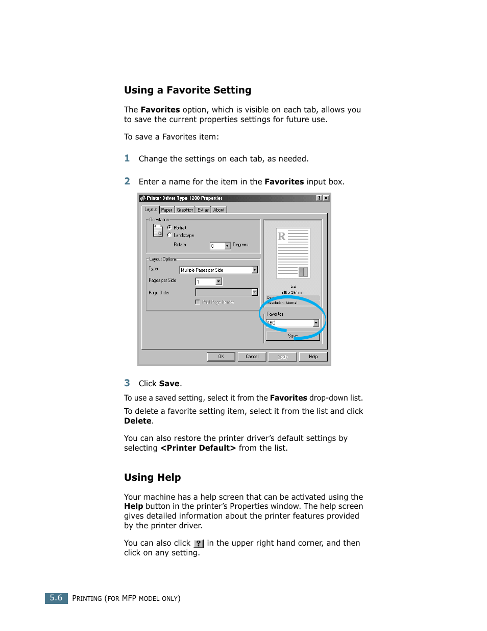 Using a favorite setting, Using help | Ricoh LF 125 (H915) User Manual | Page 112 / 390