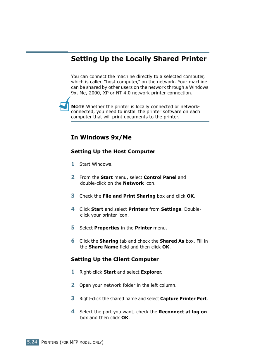 Setting up the locally shared printer, In windows 9x/me | Ricoh LF 125 (H915) User Manual | Page 130 / 390