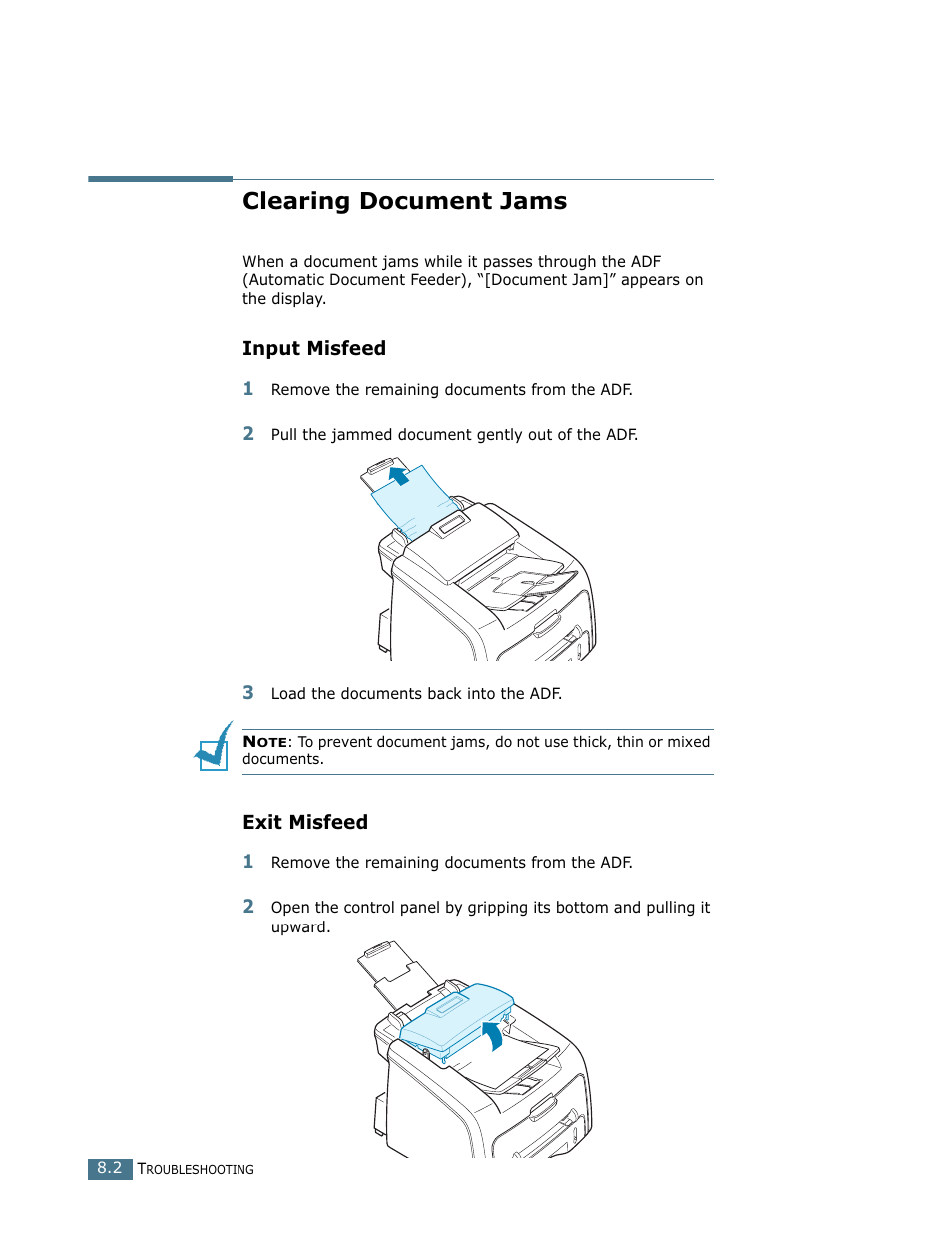 Clearing document jams, Input misfeed, Exit misfeed | Ricoh LF 125 (H915) User Manual | Page 148 / 390