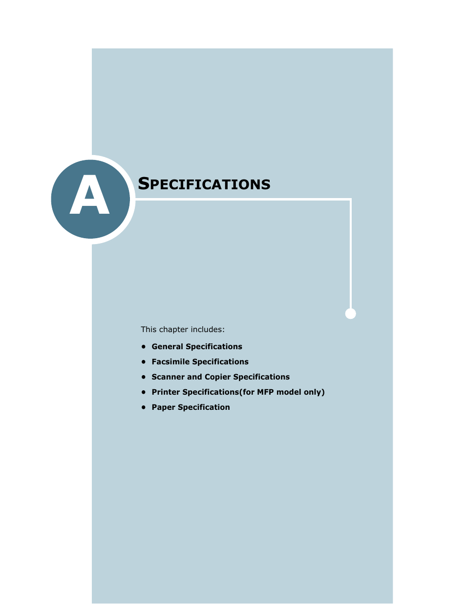 Specifications, Appendix a, Pecifications | Ricoh LF 125 (H915) User Manual | Page 169 / 390