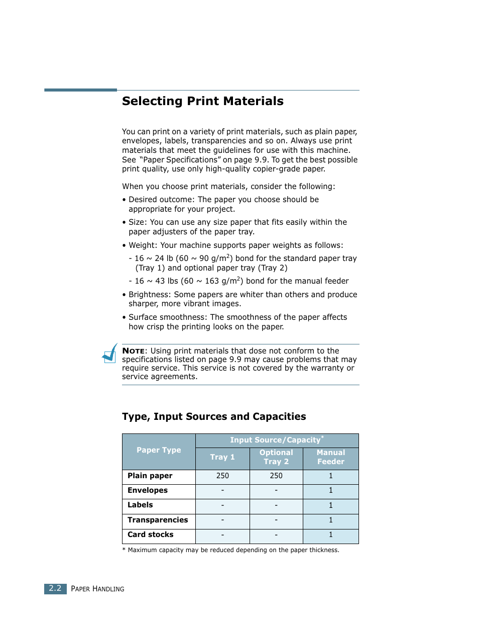 Type, input sources and capacities, Selecting print materials | Ricoh LF 125 (H915) User Manual | Page 245 / 390