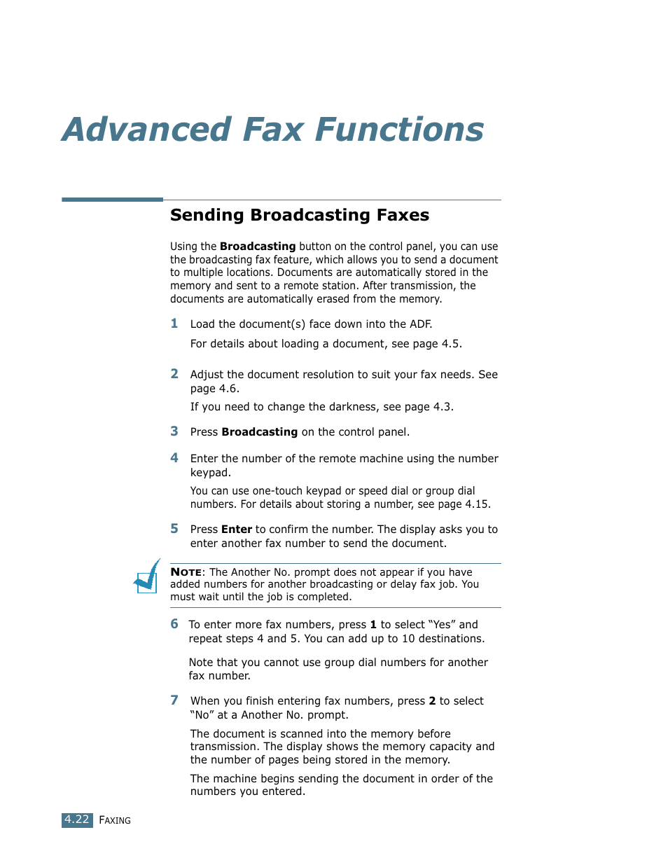 Advanced fax functions, Sending broadcasting faxes | Ricoh LF 125 (H915) User Manual | Page 283 / 390