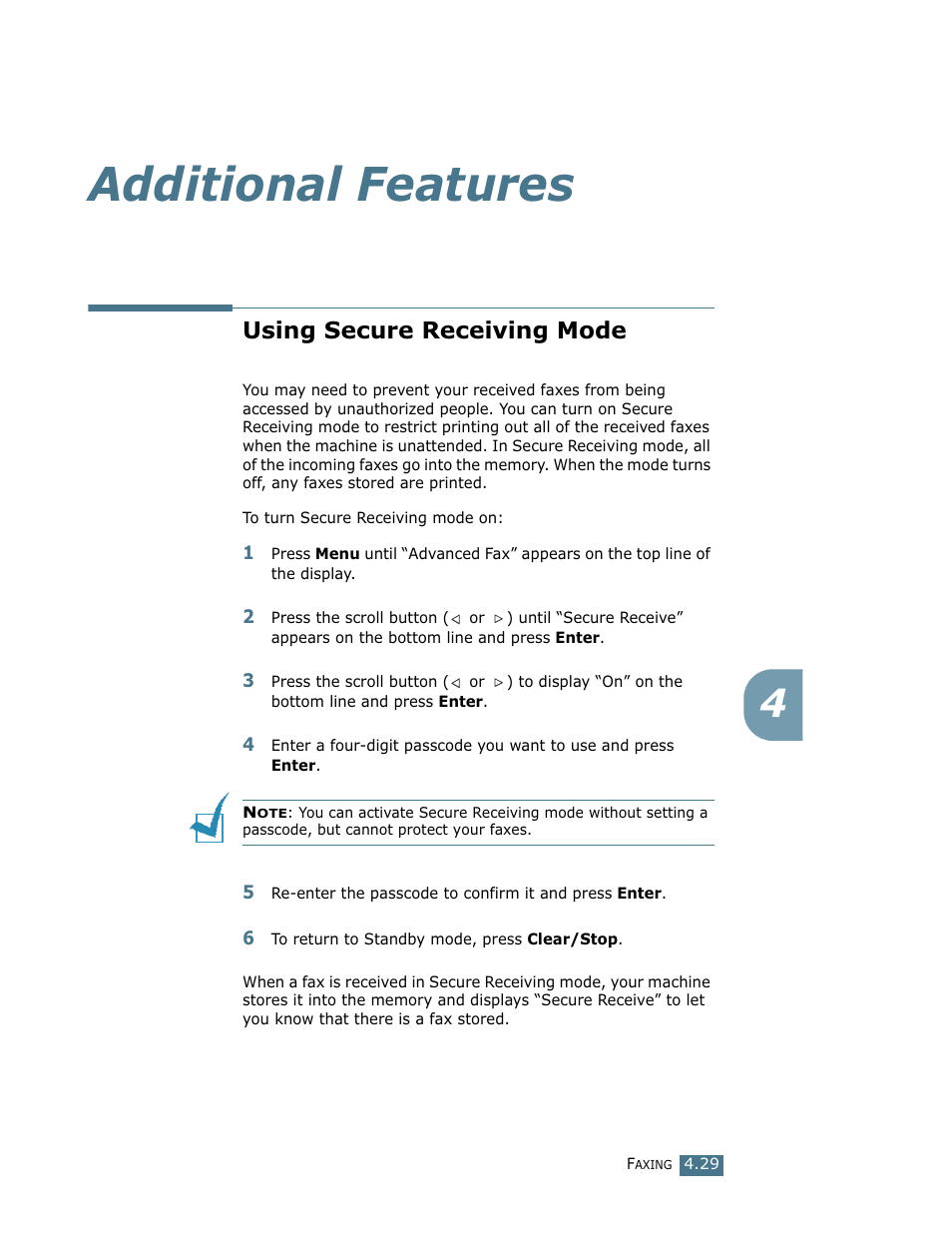Additional features, Using secure receiving mode | Ricoh LF 125 (H915) User Manual | Page 290 / 390