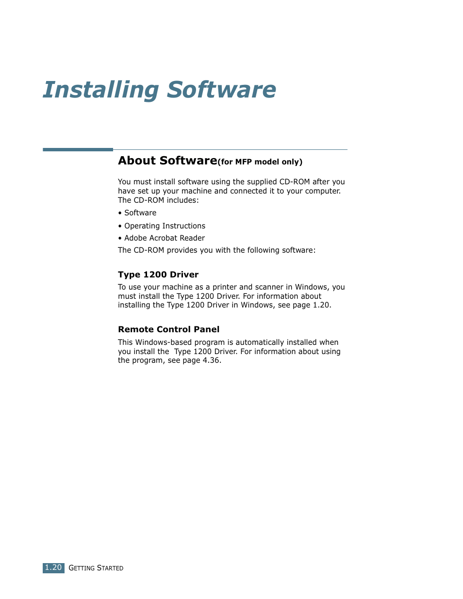 Installing software, About software(for mfp model only), About software | Ricoh LF 125 (H915) User Manual | Page 34 / 390