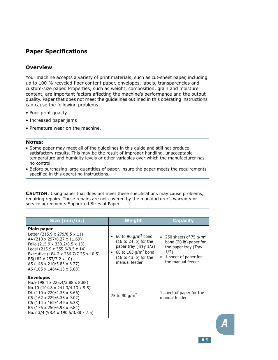 Paper specifications, Use only recommended print materials. see “paper, See “paper specifications | Ricoh LF 125 (H915) User Manual | Page 368 / 390