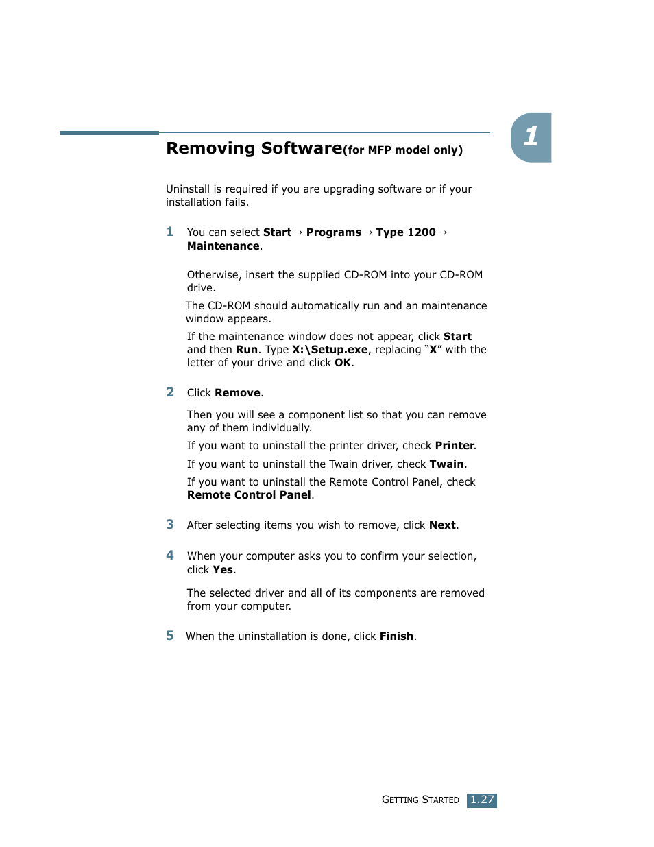 Removing software(for mfp model only), Removing software | Ricoh LF 125 (H915) User Manual | Page 41 / 390