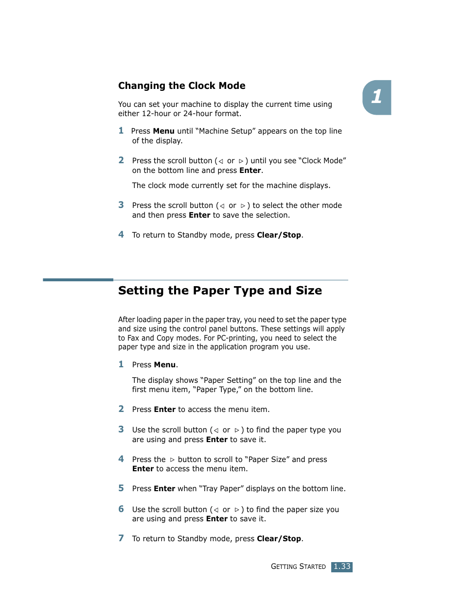 Changing the clock mode, Setting the paper type and size | Ricoh LF 125 (H915) User Manual | Page 47 / 390