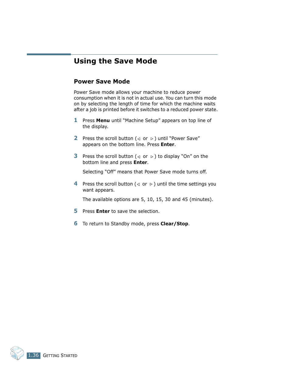 Using the save mode, Power save mode | Ricoh LF 125 (H915) User Manual | Page 50 / 390