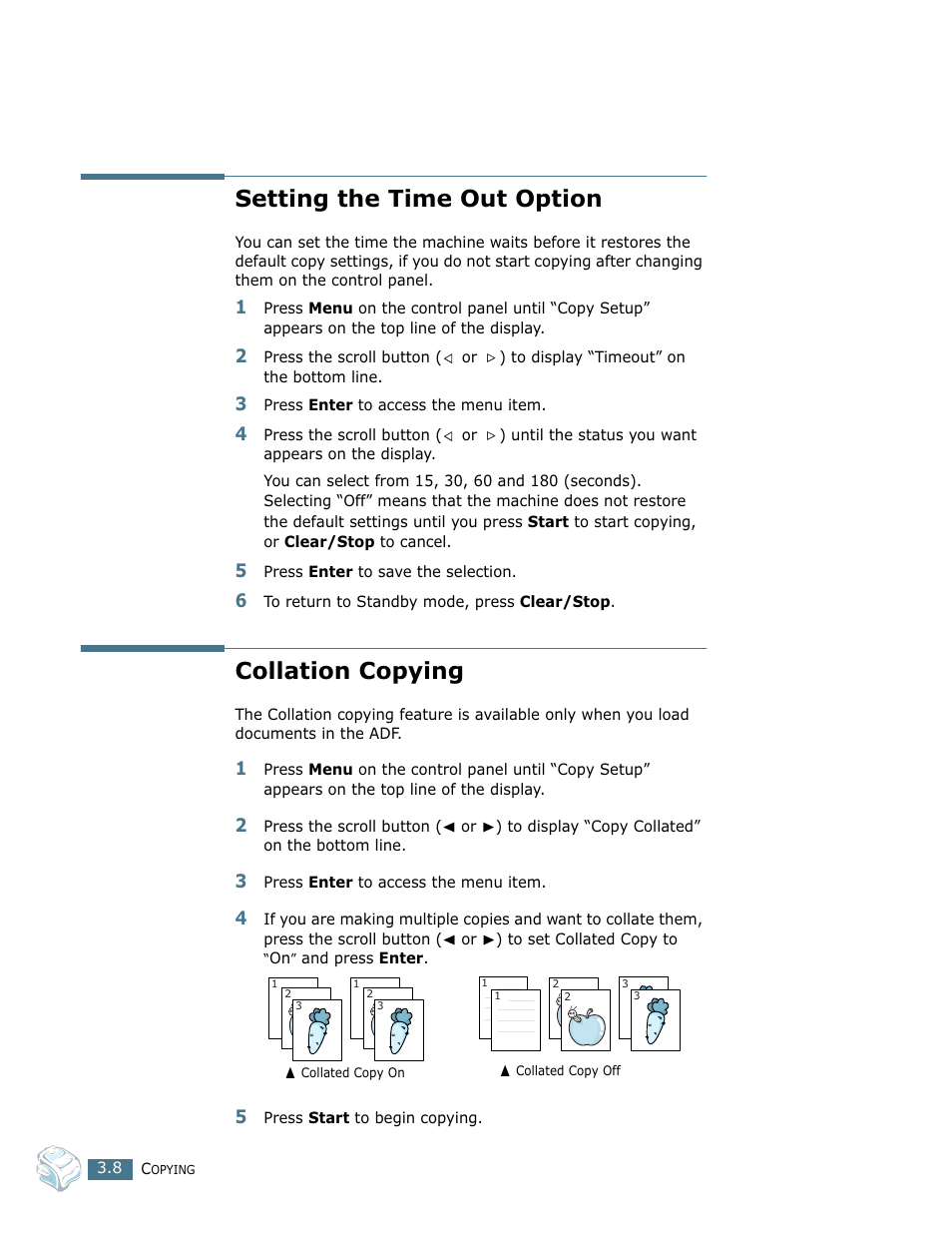 Setting the time out option, Collation copying, Setting the time out option collation copying | Ricoh LF 125 (H915) User Manual | Page 68 / 390