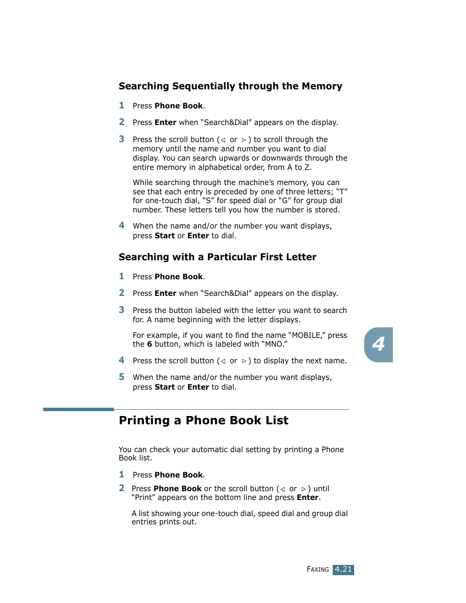 Searching sequentially through the memory, Searching with a particular first letter, Printing a phone book list | Ricoh LF 125 (H915) User Manual | Page 89 / 390