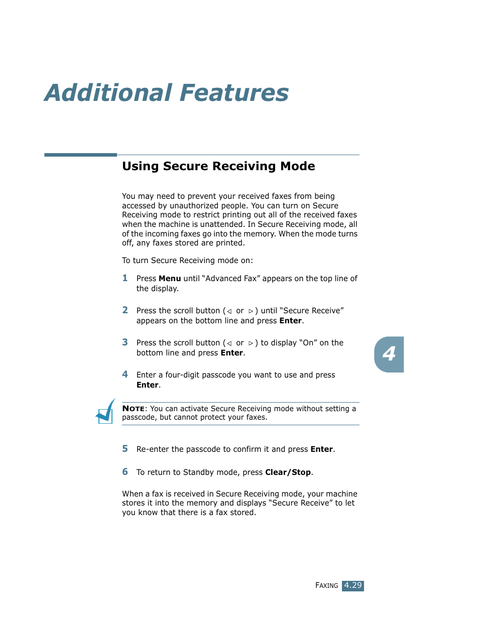 Additional features, Using secure receiving mode | Ricoh LF 125 (H915) User Manual | Page 97 / 390