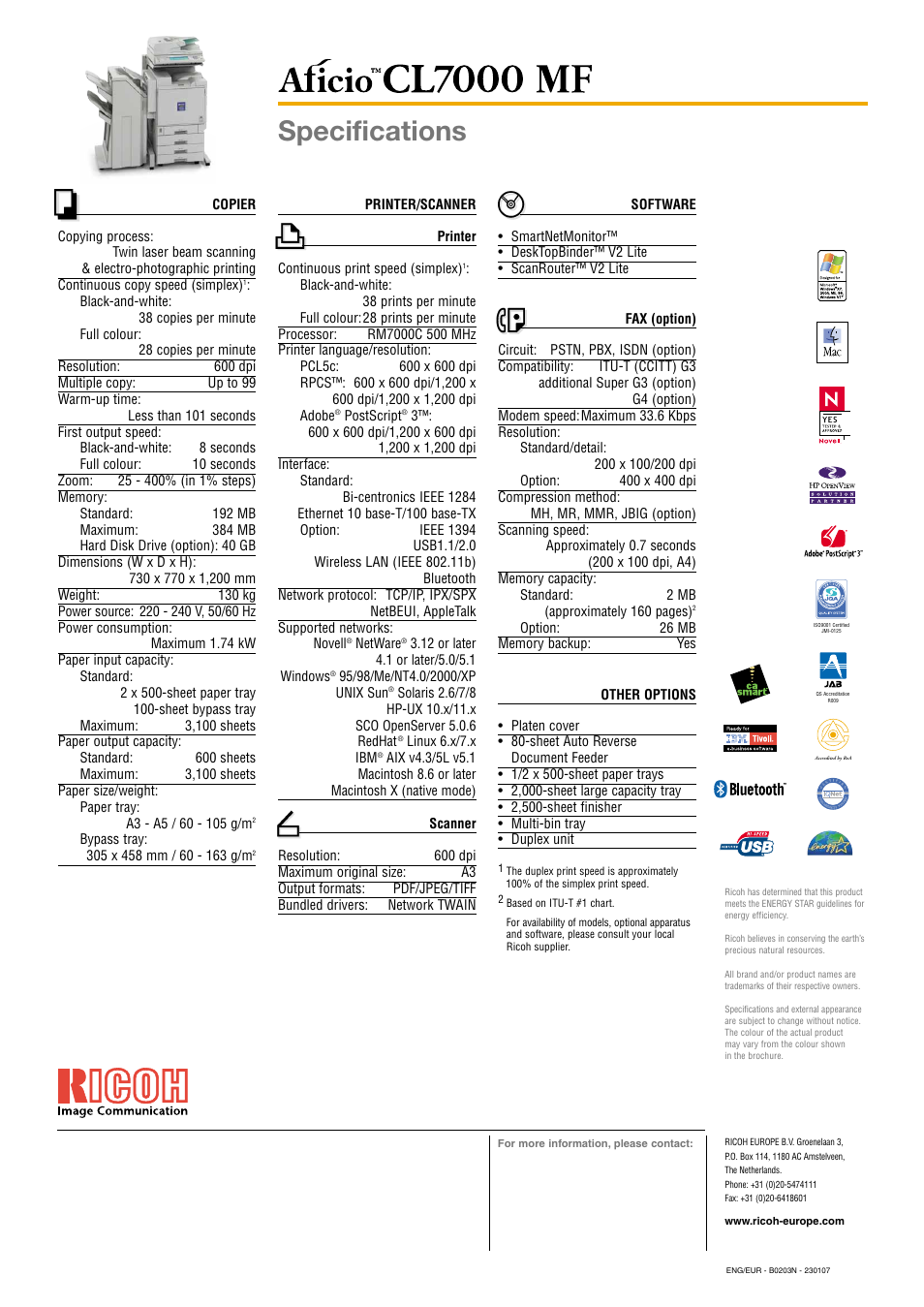Specifications | Ricoh Aficio CL7000 MF User Manual | Page 8 / 8